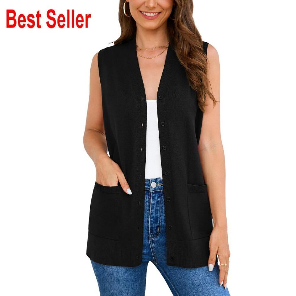 Sleeveless Button Down Cardigan Sweater Soft Knit Duster Vest Cozy Pockets